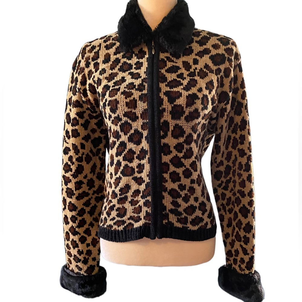 Vintage 1990s Jacket, Zip Cardigan Animal Print, Faux Fur Collar Cuffs, Size L